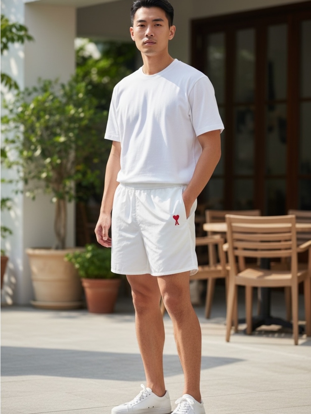 Ami White Athletic Shorts with Red Heart Motif